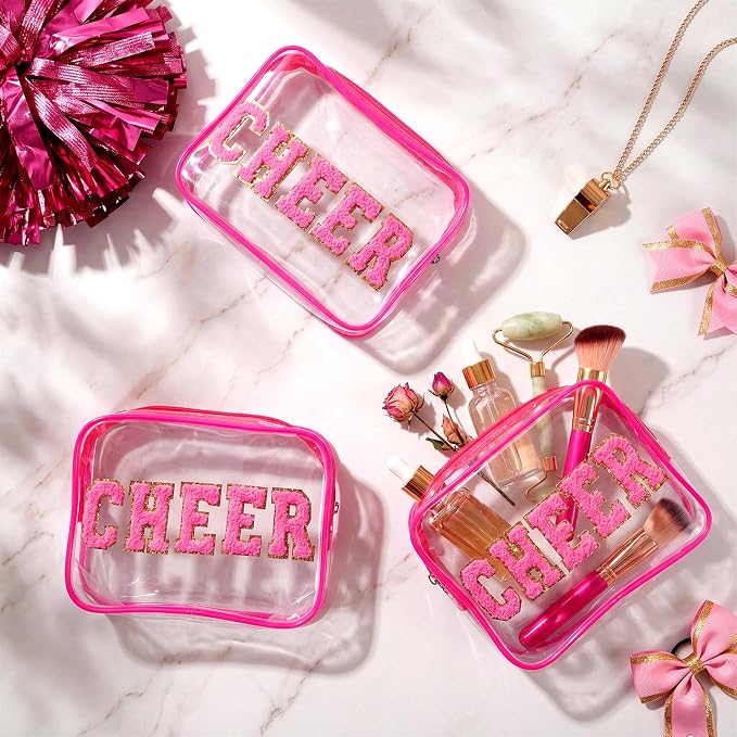 Kacctyen 12 Pack Cheer Clear Makeup Bags Bulk with Chenille Cheer Letter Patch Small Waterproof Cosmetic Pouch Zipper Travel Toiletry Bag Organizer for Women Girls Cheerleading Team Gift, Hot Pink - Image 2