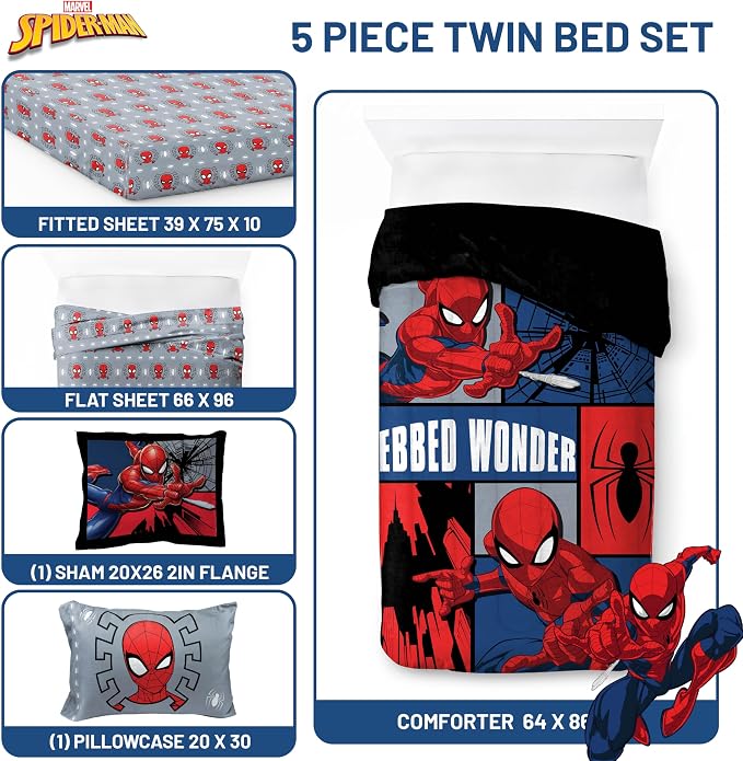 Marvel Spiderman Twin Comforter Set 5 Piece Kids Bedding for Boys, Multi | Bed in a Bag, Comforter Sheets Sham Pillowcase, Official Product, Soft Microfiber, Machine Washable, Easy Care, Boys Gift - Image 3