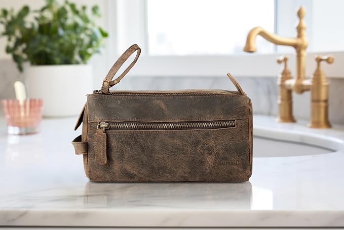 KomalC Premium Buffalo Leather Toiletry Bag for Men & Women With Water resistant Lining, Grooming Travel Pouch, Unisex Wash Bag for Toiletries, Gifts for Men and Women - Image 5