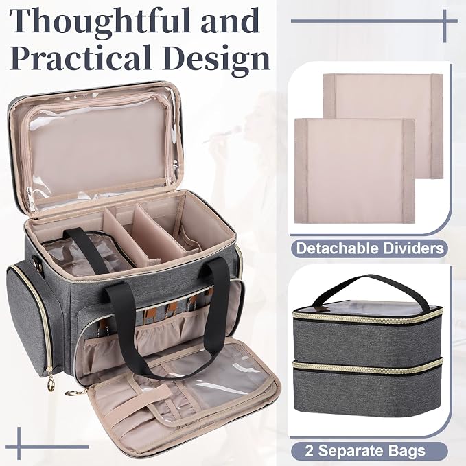 GDNasist Large Makeup Bag, Portable Travel Makeup Bag Organizer for Women Girls with 2 Removable Pouches & Detachable Dividers, Cosmetic Travel Bag, Toiletry Bag for Makeup and Hair Supplies Grey - Image 7