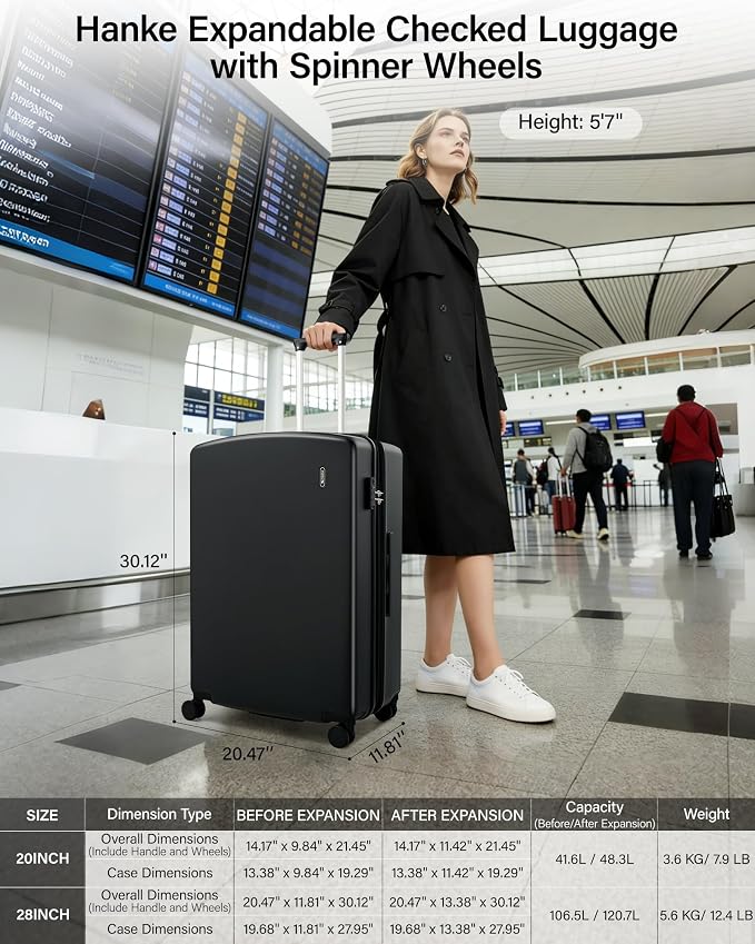Hanke Expandable Luggage Sets 2 Piece, 20 Inch and 28 Inch Luggage Sets with Spinner Wheels, Durable PC Hard Shell Rolling Suitcase with TSA Lock for Travel (20/28 Inch, Jet Black) - Image 2