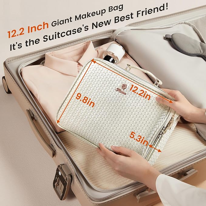 Faquenc Makeup Bag with LED Lighted Mirror 12.2 IN Cosmetic Train Case Double Layer Makeup Case Adjustable Brightness in 3 Colors Cosmetic Organizer Artist Storage with Brush Holder Vanity Beige - Image 5
