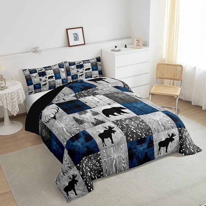 Bear Bedding Set Twin for Teens Boys,Buffalo Plaid Check Comforter Set Cabin Lodge Decor,Wild Animal Elk Antler Pattern Duvet Quilt Insert,Rustic Deer Patchwork Down Comforter 2pcs Blue Grey - Image 5