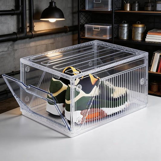 XX-Large Shoe Sneaker Storage Boxes for Size 14, Stackable & Thicken Clear Plastic Shoe Organizers 1Pack for Entryway Closet Under Bed, Shoe Storage Cabinets Container Display Case w/ Magnetic Door by BROVIEW-EnjoytheArtofLife