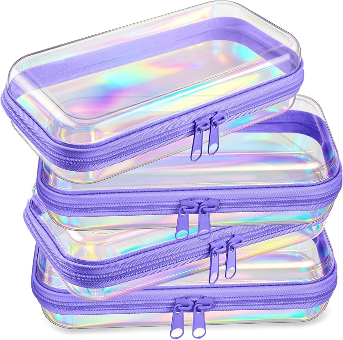 Hoolerry 4 Pcs Hard Clear Zipper Case Makeup Bags Plastic Zipper Pouch Transparent Storage Box Containers for Cosmetics, Snacks, Building Blocks, Puzzles(Clear,7.5 x 3.9 x 2 in,Purple Laser) by Hoolerry