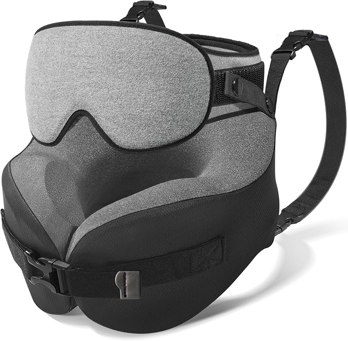YFONG Travel Pillow for Long Flight Airplane, Head Strap Combo with 3D Contoured Sleep Eye Mask, Neck Pillow for Travel Essential, 360° Support Memory Foam Headrest, Prevent Bobbing, Drawstrap - Grey by YFONG