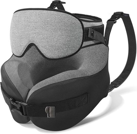 YFONG Travel Pillow for Long Flight Airplane, Head Strap Combo with 3D Contoured Sleep Eye Mask, Neck Pillow for Travel Essential, 360° Support Memory Foam Headrest, Prevent Bobbing, Drawstrap - Grey by YFONG