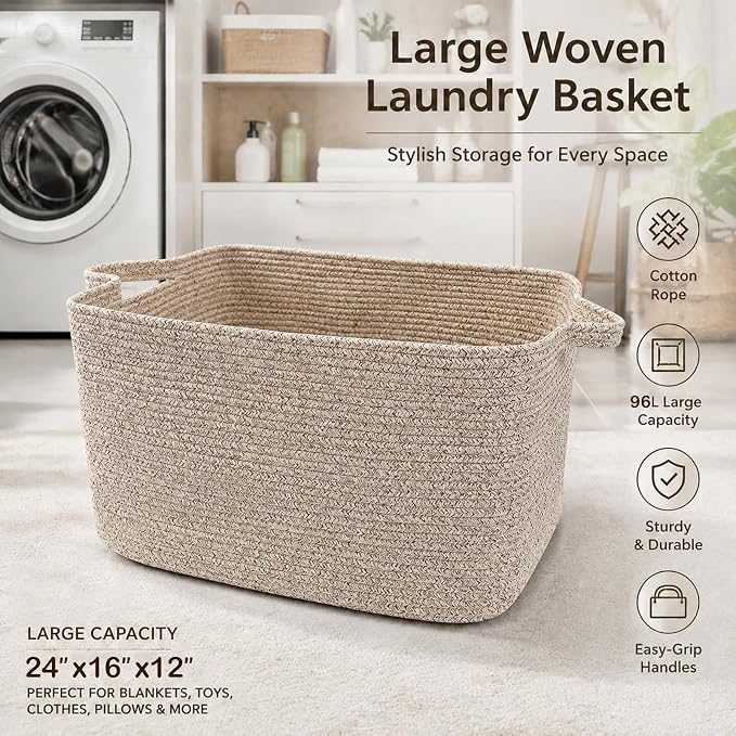 96L Extra Large Brown Cotton Rope Laundry Basket with Sturdy Handle | 24x16x15 Foldable Rectangular Blanket Basket for Toys, Clothes & Pillows,Ideal for Nursery, Bathroom, Bedroom, Living Room - Image 4