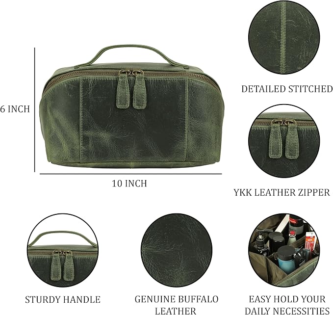 KomalC Luxury Leather Men’s Toiletry Travel Bag – Handmade Shaving Kit with Waterproof Interior, Spacious Storage & Carry Handle – leather travel Kit Bag for Men & Women (Green) - Image 8
