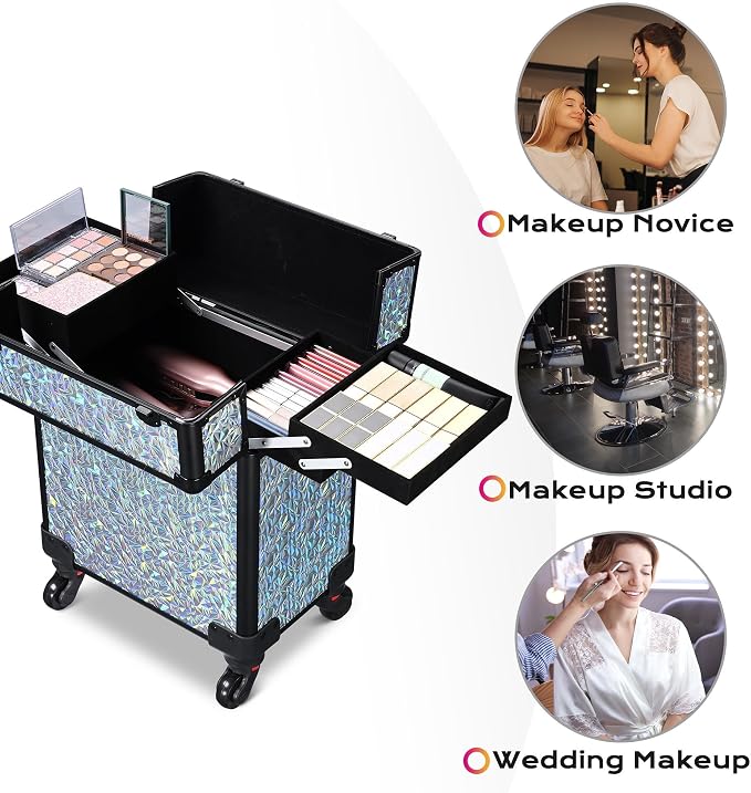 BYOOTIQUE Rolling Makeup Case Cosmetology case on wheels Makeup Artist Nail | Aluminum Rolling Makeup Suitcase with 360° Detachable Wheel Lockable 44Lb Large Capacity Organizer Nail Tech Mermaid Silver - Image 2