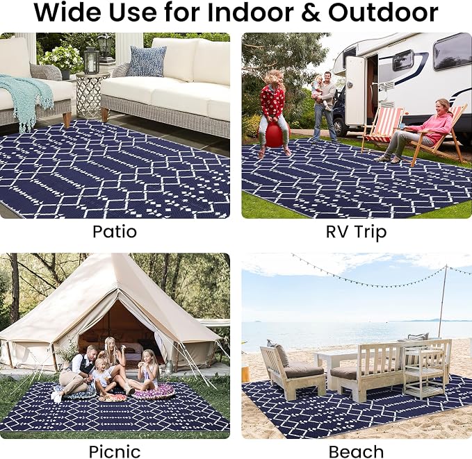 Smiry Outdoor Rug 5x8 ft, Waterproof Reversible Plastic Straw Rugs, Boho Outdoor Area Rug, Outside Floor Mat for Patio, Backyard, Deck, Picnic, Beach, Camping, Navy - Image 7