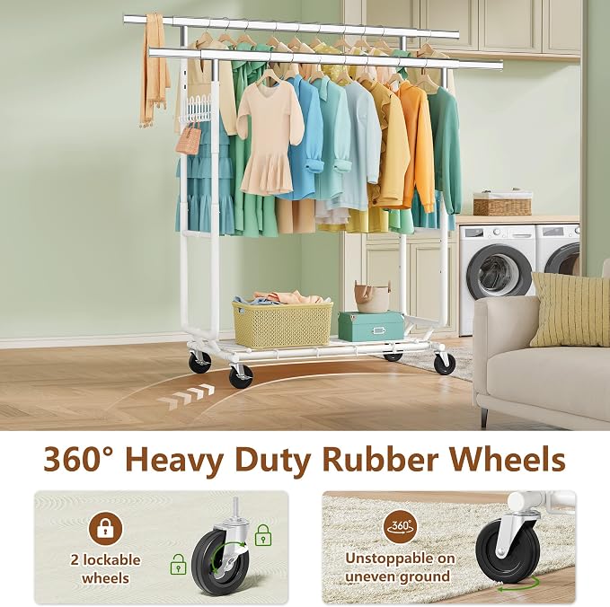 Hoctieon 2-Minute Assembly Double Rod Clothes Rack, Heavy Duty Rolling Clothing Racks with Wheels, Foldable Commercial Garment Rack, Extendable Hanging Bar, Adjustable Metal Pole with Hooks, White - Image 6