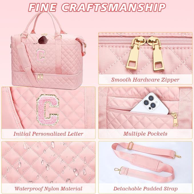 Gifts for Women Girls Initial Travel Duffle Bag Quilted Weekender Carry-On Overnight with Cosmetic Bag, Gym Bag with Shoe Compartment Hospital Bag for Labor Delivery, Pink C - Image 6