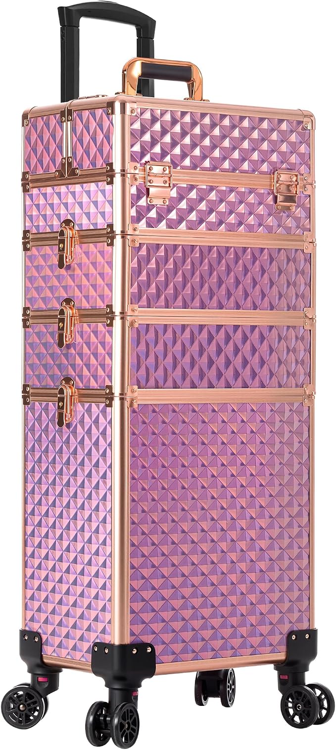 AROUS Rolling Makeup Train Case 4 in 1 Cosmetology Case on Wheels Large Storage Cosmetic Trolley with Key Salon Barber Case Traveling Cart Trunk, Pink - Image 9