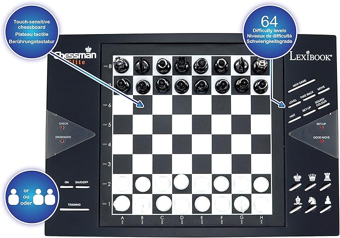 Lexibook Chessman® Elite Interactive Electronic Chess Game +, 64 Levels of Difficulty, LEDs, Family Child Board Game, Black/White, CG1300US