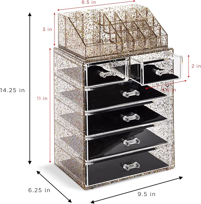 Sorbus Acrylic Makeup Organizer Set, 6-Drawer Vanity & Countertop Cosmetic Storage with Small & Wide Compartments, Glitter Makeup Storage for Brushes, Jewelry – Holiday Gift for Women & Teens - Image 3