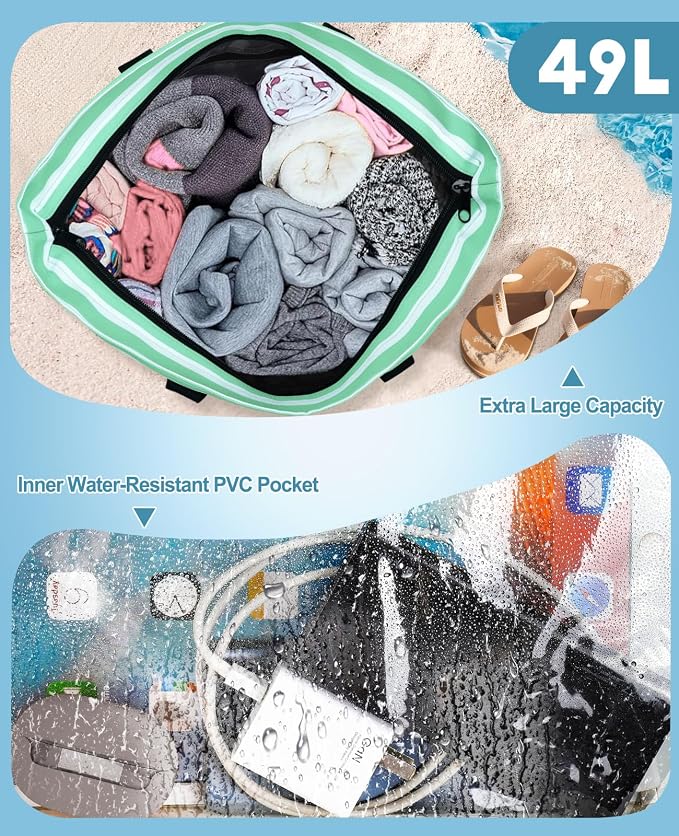 ISEYOU Beach Bag with Cooler, 49L Large Waterproof Sandproof Tote with Zipper, Foldable Travel Bag for Beach, Pool, Picnic - Image 4