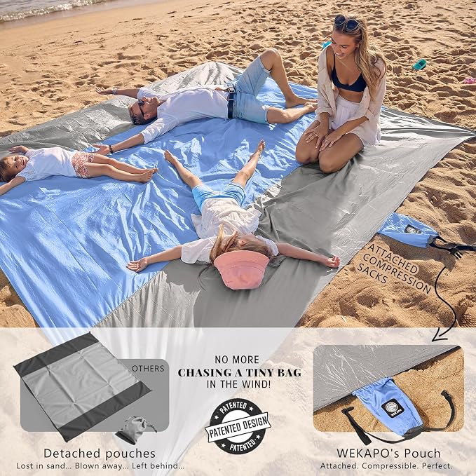 WEKAPO Beach Blanket Sandproof Waterproof, Extra Large Beach Mat, Oversized & Compact Sand Free, Quick Drying Beach Essentials for Vacation, Cruise, Picnic & Camping with Stakes - Image 3