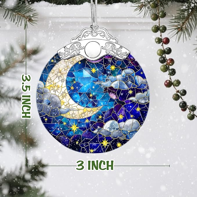 Moon and Star Stained Glass Ornament, Christmas Ornaments – Christmas Tree Decorations, Holiday Decor, Stocking Stuffer, Gift Idea, Gifts for Astronomy Lover, Friend, and Family