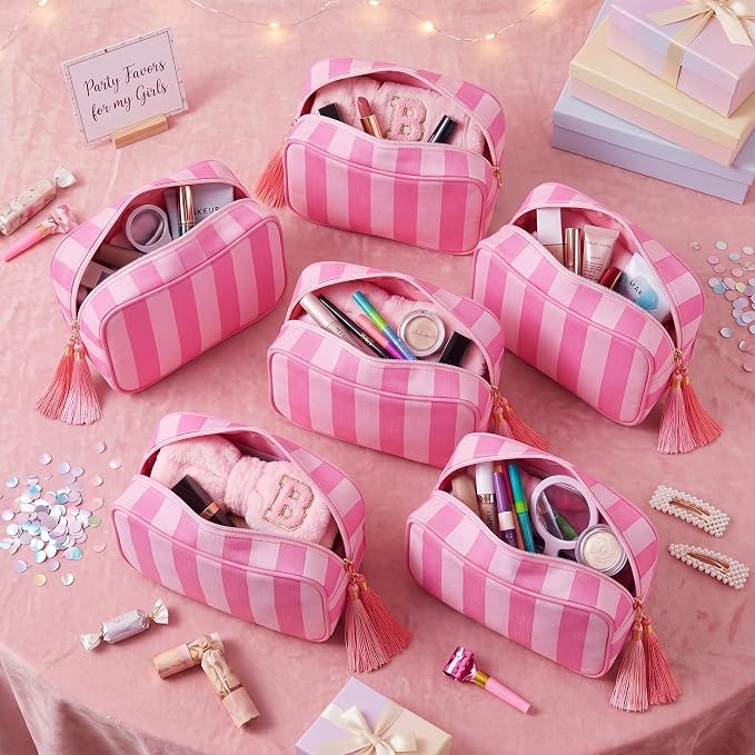 Kacctyen 6 Pack Bright Pink and Candy Pink Striped Makeup Bag bulk with Tassel Travel Cosmetic Pouch Organizer Large Zipper Toiletry Case for Women Aesthetic Storage Pouch Mahjong Tile Bag - Image 4