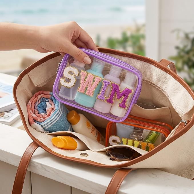 Kacctyen 20 Pcs Clear Swim Bags Chenille Letter Patch Makeup Pouch Beach Pool Toiletry Bags Waterproof PVC Preppy Cosmetic Purse Organizer with Zipper for Travel Women Girl Swimmer Essential Team Gift - Image 5