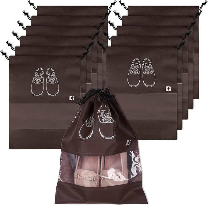 Kuber Industries Pack of 12 Shoe Bags | Shoe Bags for Travel | Non-Woven Shoe Storage Bags | Storage Organizers Set | Shoe Cover with Transparent Window | Shoe Dori Cover | Coffee by Kuber+Industries