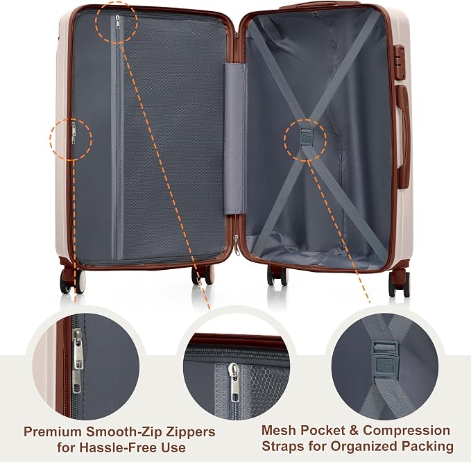 Hardside Luggage Sets, Lightweight Stripes Suitcase with Spinner Wheels, Ivory - Image 5