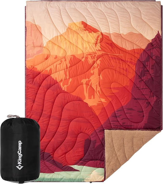 KingCamp Large Camping Blanket with Sherpa Lining, Packable Down Alternative Puffy Printed Wearable Blanket with Snap Buttons, Warm Weatherproof Quilt for Outdoor Travel (79" L x 57" W, Orange) by KingCamp