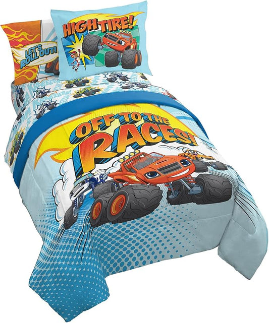 Jay Franco Blaze and the Monster Machines Off to The Races 5 Piece Twin Size Bed Set - Includes Comforter & Sheet Set - Super Soft Fade Resistant Microfiber (Official Blaze Products) by JayFranco