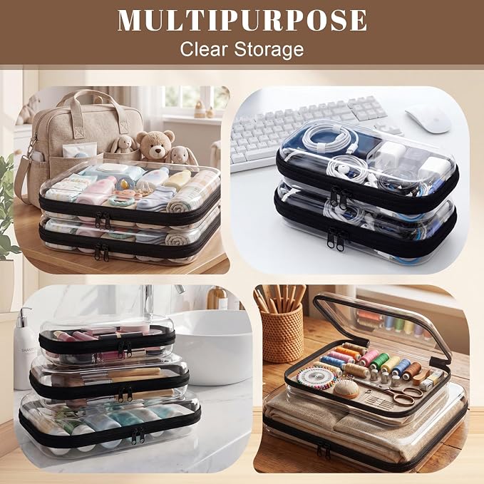 12 Pack Clear Hard Shell Zipper Case with 40 Labels, X-Large/Medium/Small Stackable Clear Pouches, Crush-resistant Travel Toiletry Bag Organizer for Makeup Board Games Electronics (Black) - Image 4