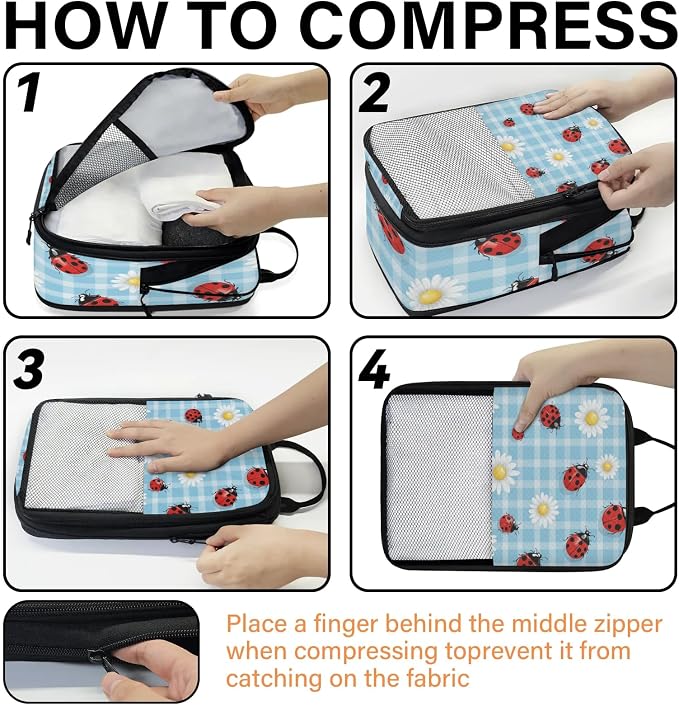 Floral Daisy Ladybugs 6 Set Compression Packing Cubes for Travel Luggage Carry On Suitcase Compressible Expandable Packing Cubes Organizers Bag - Image 4