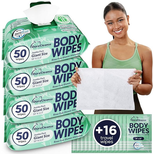 Body Wipes for Women, Extra Moist No Rinse Bathing Sheets (4 Pack) – 200 XL Shower Cloths + 16 Deodorizing Bath Wipes, 10" x 11.5" Travel Toiletries for Women’s Hygiene and Post Workout