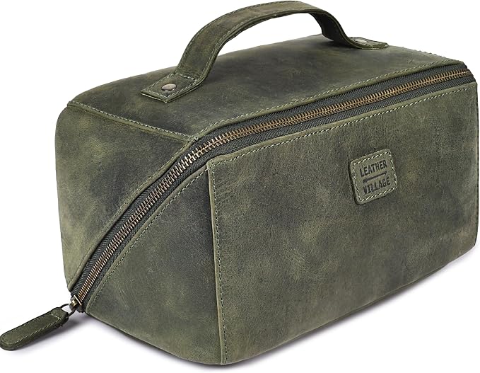 LEATHER VILLAGE Genuine Leather Travel Dopp Kit for Men & Women – Open Flat Large Capacity Cosmetic Bag with Water-Resistant Lining – Skin Care, Brushes, Shaving & Bathroom Essentials Organizer- Olive by LeatherVillage