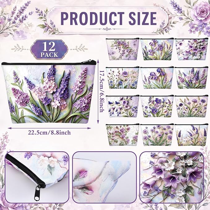 Sweetude 12 Pcs Purple Relief Flower Makeup Bags Bulk Purple Portable Travel Cosmetic Bag with Zipper Oil Painting Floral Waterproof Roomy Travel Toiletry Organizer Storage Beauty Pouch for Women Gift - Image 3