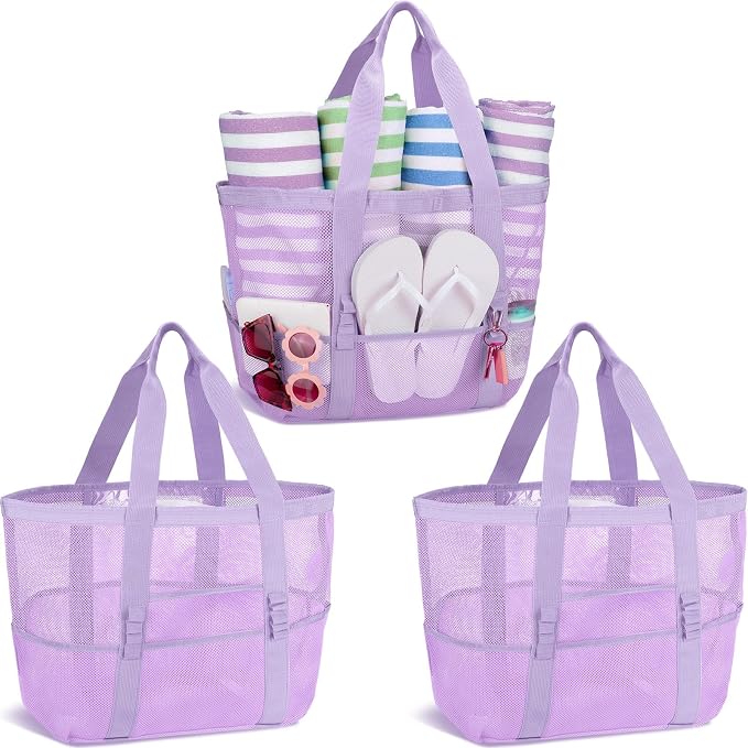 Hillban Large Beach Mesh Bags Bulk for Women Beach Tote Bag with 8 Pocket Zipper Waterproof Sandproof for Pool Cruise Ship by Hillban