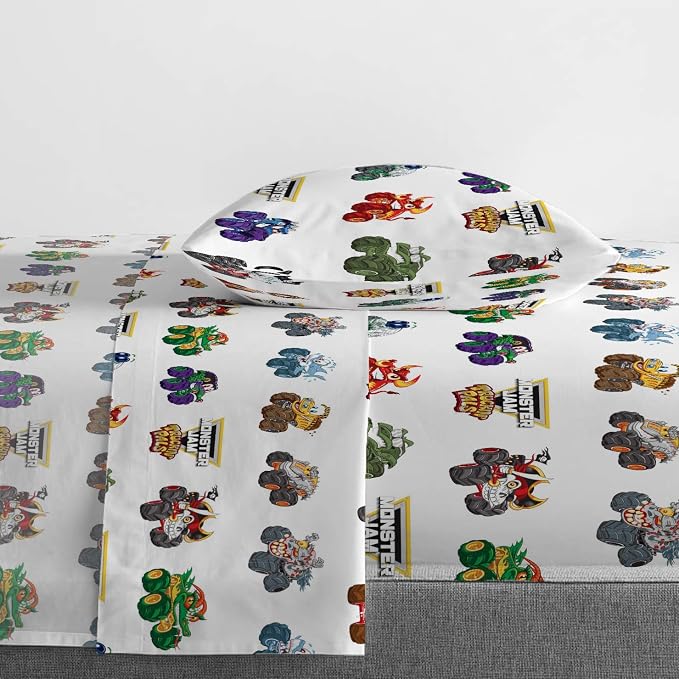 Jay Franco Kids Sheet Set with Fitted, Flat Sheets & Pillow Cover - Ultra-Soft Bedding with Pillowcase for Room Decor, White - Monster Jam, 3 Piece Toddler - Image 3