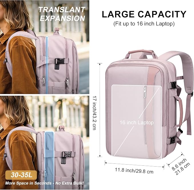 PIJUSHI Travel Backpack for Women, Fits 16" Laptop, Expandable 30L to 35L | Airline Approved Carry-on Luggage with Padded Laptop Compartment, USB Port, Wet Pocket, For Business, Commute - Image 3