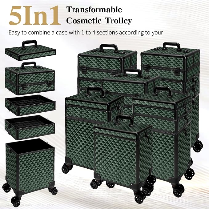 5 in 1 Rolling Makeup Train Case on Wheels Large Cosmetic Organizer Travel Cart for Women Beauty Salon Barber Hairstylist Green - Image 4