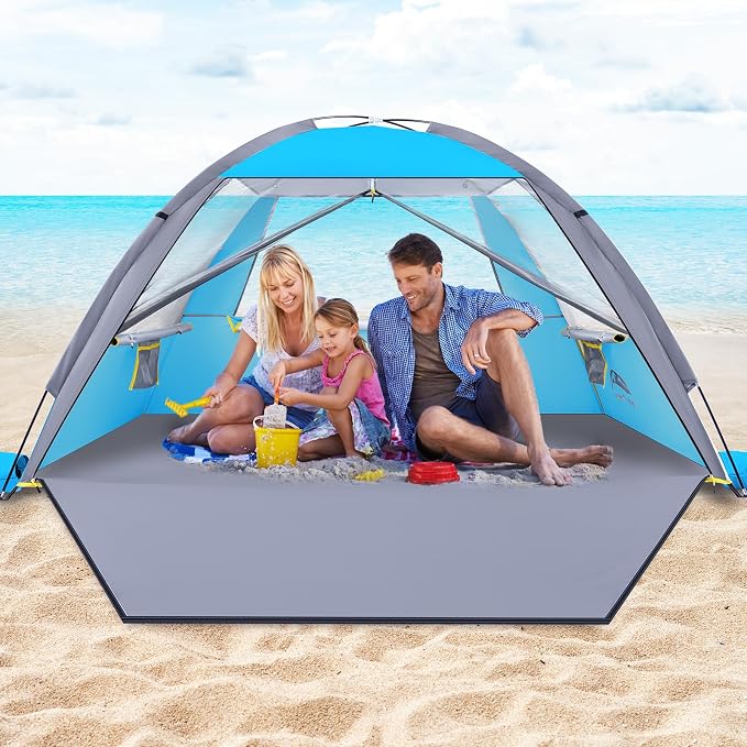 Happy Travel Beach Tent, UPF 50+ UV Protection Sun Shade Shelter for 3/4/5/6/7/8 Person, Portable Beach Canopy for Family & Baby, Lightweight & Easy Setup Beach Cabana with 3 Ventilation Mesh Windows by HappyTravel