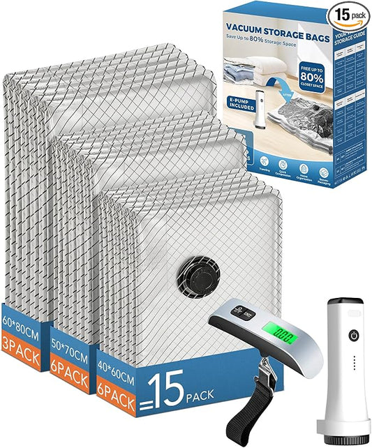 15 Pack Vacuum seal Bags for Clothing Travel with -60000Pa Electric Pump & Luggage Scale, Travel Essentials for Suitcase, Space Saver Compression Packing Bags to Check Luggage Weight & Avoid Fees by ANBIUX