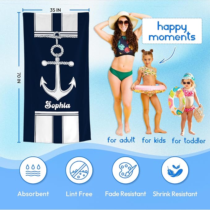 JML Personalized Beach Towel with Name, Custom Anchor Beach Towel, Customized Microfiber Pool Towel, Quick Dry & Absorbent Swim Towel for Adult,Anniversary, Birthday, Summer Holiday,Vacation - Image 3
