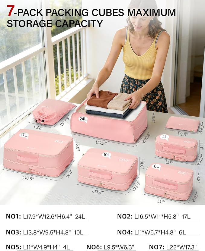 Hanke 7 Piece Expandable Compression Packing Cubes, Premium Travel Packing Organizers for Suitcases/Carry On, Luggage Organizer Bags with Breathable Mesh & Label,Pink - Image 4
