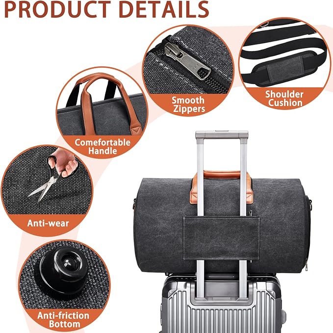 Convertible Garment Duffel Bag, Carry on Garment Bag for Travel Canvas Mens Suit Bag 2 in 1 Foldable Garment Bag with Shoulder Strap Weekender Bag with Shoe Pouch - Image 5
