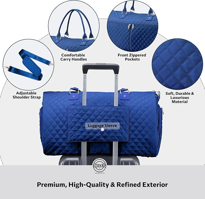 STOVER Women’s Convertible Garment Duffel Bag for Travel – 2-in-1 Carry-On Weekender/Overnight Tote - Wrinkle-Free Dresses, Suits & Clothes + Shoe Compartment & Bonus Toiletry Bag (Sapphire Blue) - Image 4
