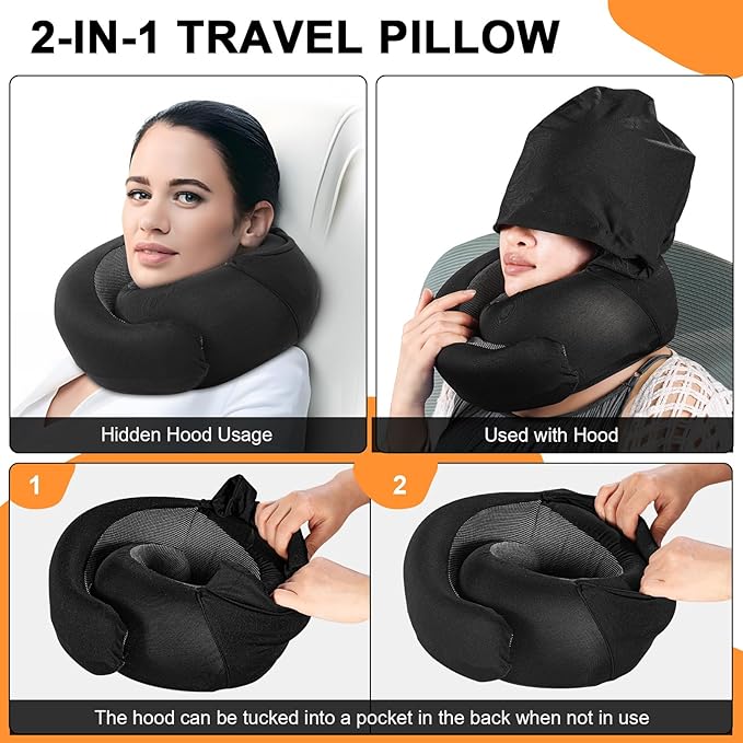 Travel Pillow and Blanket Set for Airplane, Hooded Memory Foam Neck Pillow | Soft blanket, privacy hood, earplugs, carry bag and memory foam neck support for airplane travel, long flights and road trips - Image 3