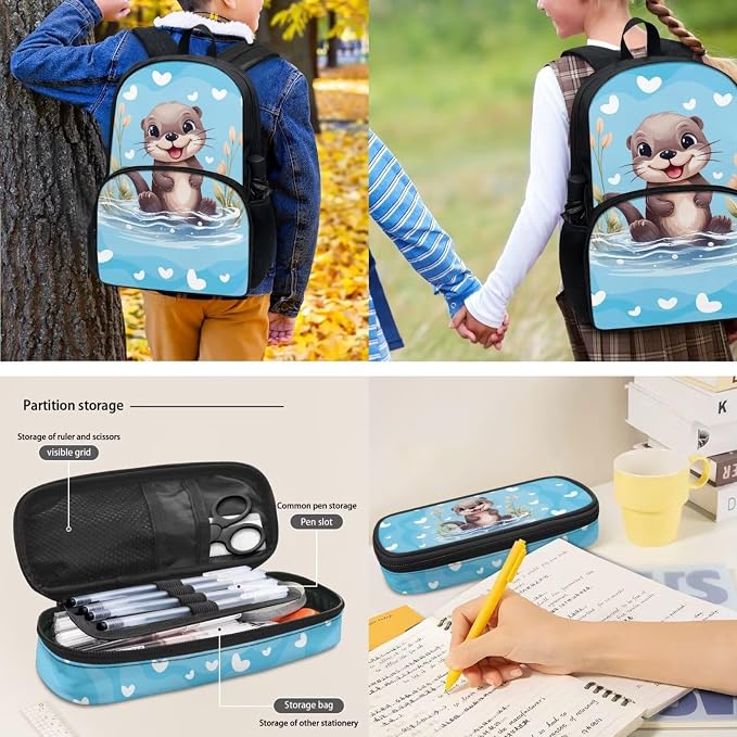 Children Schoolbag Set 4Piece Set Cartoon Otter Backpack with Lunchbox+Pencil Case+Water Bottle Carrier Bag for Boys Girls Kindergarten Bookbag Personalize Otter Backpack Custom Name - Image 5