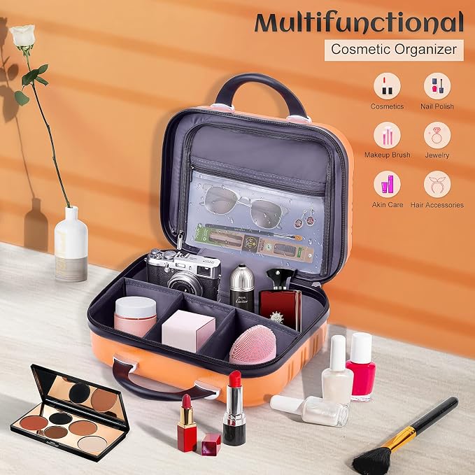 14 Inch Makeup Train Case PC ABS Hard Shell Cosmetic Organizer Portable Toiletry Bag Travel Vanity Case Small Suitcase Makeup Box for Women Outside Activity With Back Strap - Image 3