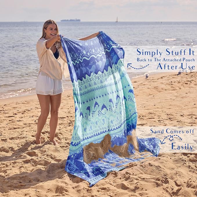 WEKAPO Beach Blanket Waterproof Sandproof Oversized Extra Large Sand Free Beach Mat with Stakes, Storage Bag - Essentials for Outdoor Beach, Picnic (Bohemian Sealife, 8 X 7 FT (1~4 Person)) - Image 5