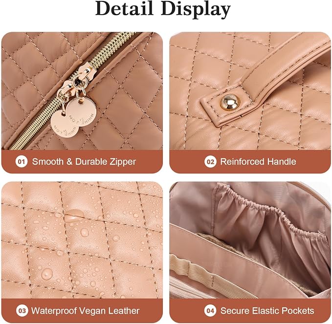 Travel Makeup Bags Cosmetic Organizer: 3Pcs Set Puffy Make up Bag for Women | Apricot Premium Quilted ELEGANCE Design | Large Capacity Leather Toiletry Bags | Wide Open Compact Case for Travel Essentials - Image 6