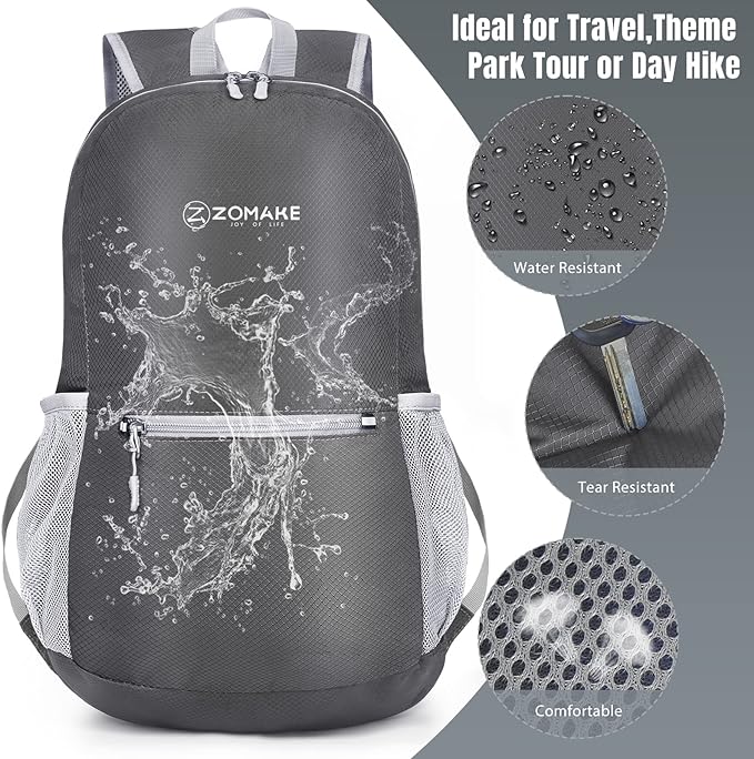 ZOMAKE Ultra Lightweight Hiking Backpack 20L, Packable Small Backpacks Water Resistant Daypack for Women Men(Medium Grey)